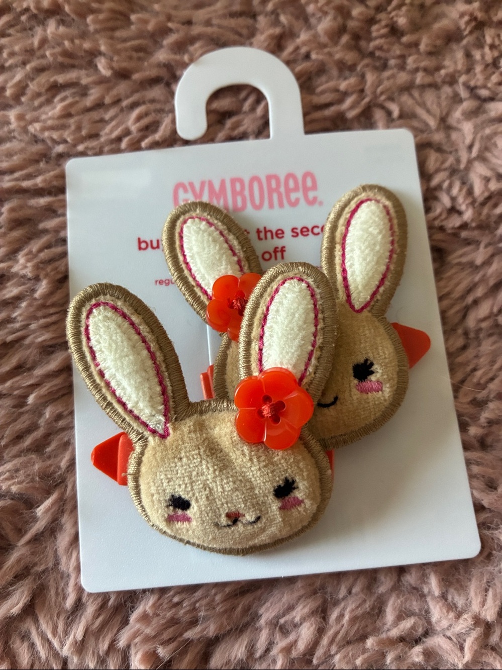 Gymboree Beige Bunny Hair Clips with Orange Flower Accents